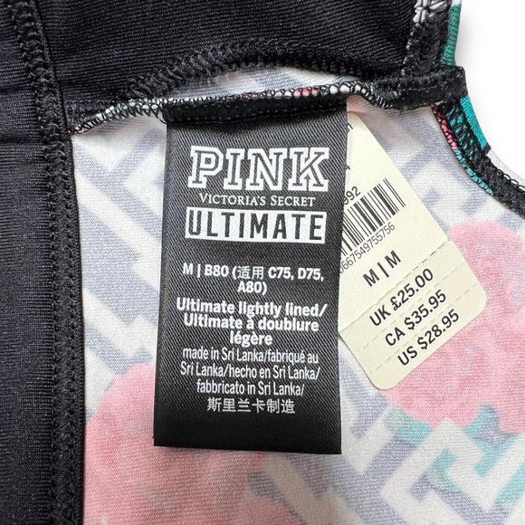 Victorias Secret Pink Ultimate Sport Bra M Logo Floral Print Light Support Black - Picture 8 of 10